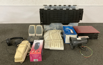 Tote Of Vintage Electronics, Keyboards, Corded Phones, Computer Speakers, And More