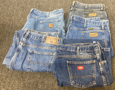 (5) Pairs Of Jeans Size 42x32 Includes (1) Carhartt, (2) Wranglers, (1) Dickies, (1) Faded Glory