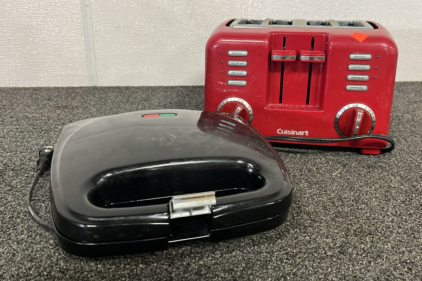 Red Cuisinart (4) Slice Toster ( Powers on) and Waffle Maker ( Powers on)