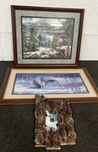 Framed Nature Painting, Winter Wolf Print, And Painted owl w/ Bark Frame