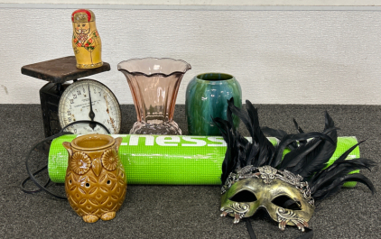 New Fitness Mat, Decorative Mask, (2) Vases, Vintage American Cutlery Co. Chicago Scale, And More