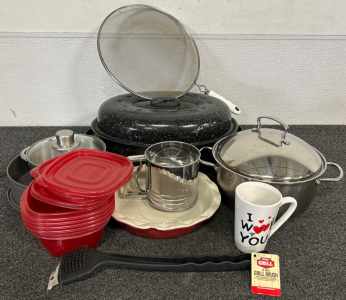 Roasting Pan, Pots With Lids, Plastic Containers and Lids, Mug, Sifter And More