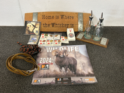 Oil & Vinegar Set, Oak Barrel Sign, Pet Leashes, Los Angeles Dodgers Pins, De k Of Cards , Chris LeDoux Cd, And Wildlife Calendar