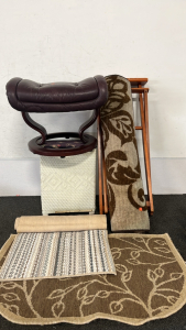 Maroon Ottoman, (2) Striped/ Vine Style Kitchen Rugs, Brown Area Rug, White Small Floral Top Laundry Baskest And More