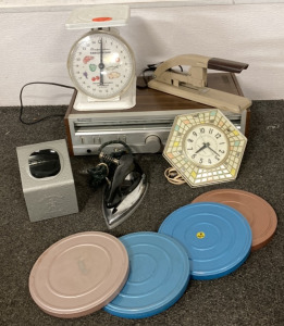 Kenwood High Speed DC Servo Lock Stereo Receiver, America. Family Food Scale, Vintage Wall Clock, Vintage General Electric Iron, Vintage 35mm BrumBerger Slide Viewer, (4) 35mm Metal Film Canisters, Vintage Stapler