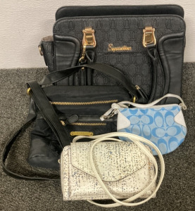 Soperwillton Purse W/ Matching Hand Bag, Nicole Miller New York Black Gold Accent Purse, Mini Blue Coach Purse, Abstract White Blue Specks Long Hand Bag