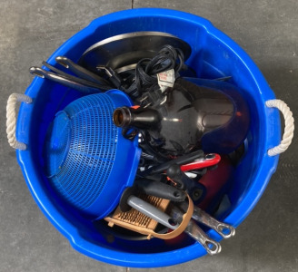 Blue Rubbermaid Bin Including Vintage Amber Milk Jug, Kirkland Stainless Steel Pan and Pot Set, Kitchen Utensils, Kitchen Strainer & More