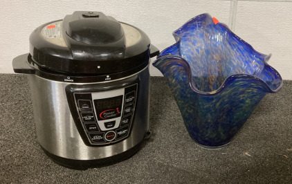 (1) Power Cooker/Pressure Cooker (Powers on), Missing Piece, With (1) Mid Century Thick Blue Glass Scalloped Wave Bowl