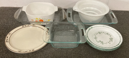 (1) Pyrex (9”X13”) Glass Baking Tray With (1) Pyrex (8”X8”) Glass Baking Dish, (1) CorningWare Ceramic Dish , (6) Piece Corelle Plate Set, And More