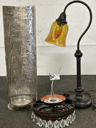 Table Lamp with Amber Crackle Glass Shade and Amber Bulb (Tested-Works), Small 2-Bulb Chandelier and Tall Candle Holder with Wall Hook-Hole for Broad Candles