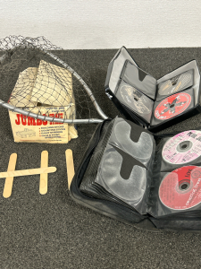 (2) Partial CD Cases With Variety Of Genres, Box Of Jumbo Craft Sticks & Small Fishing Net