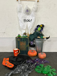 Halloween Decor Of Hanging Ghost, Wotch On Straw Boom, Faux Book Box, Mug, Small Decor Pumpkins & More