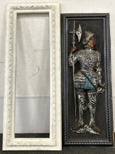 Vintage Knight Conquistador Renaissance Plastic Wall Hanging (15”x38.5”) and Decorative Wood Frame (42”x16”)