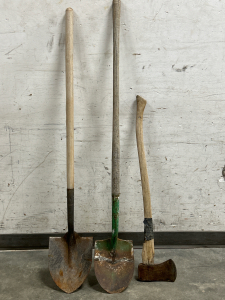 Spade Shovels (2) And Axe (1) All Have Wood Handles