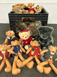 Milk Crate with Vintage Handmade and Other Small Teddy Bears