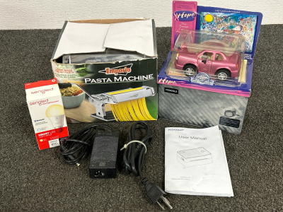 Emporia Hand Crank Pasta Machine, Pedoolo Label Printer (Powers On-No Labels to Test), Sengled Smart LED Light Bulb with Bluetooth for Amazon Echo Devices (Unable to Test-No Alexa Device to Test with) and Pink Toy Car for Breast Cancer Awareness