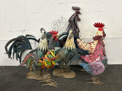 (6) Metal Rooster Yard Art Statues