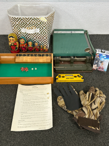 Vintage Improved Hummer Paper 3-Hole Punch, Paper Cutter, Small Level, Vintage “Canoga” Dice Game With Extra Dice, Die-Cast Metal ‘Wonder Woman’ Figurine, Russian Nesting Dolls, Insulated Gloves (Sz. L) & Gold/White Collapsible Storage Bin