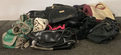 Box Full of Assorted Purses, Lunchbox (1), and Children’s Helmet