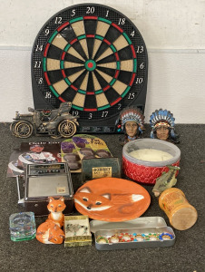 Bob-Bet Bait Box, mosquito Repelling Candle, Decorative Fish, Decorative Tin Buggy Wall Hanging, Shorteave Globestar Radio (untested), and More!