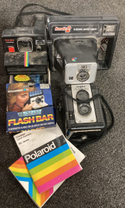 Polaroid Land Camera Time Zero OneStep with 3 Flash Bars, Kodak Instant Camera, and Argus Seventy-Five Camera