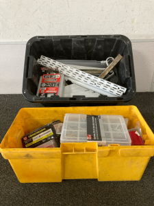 Tote of Shelving Brackets; Tool Box With Construction Screws, Wood Screws And Anchors Kit, Assorted Nails Kit