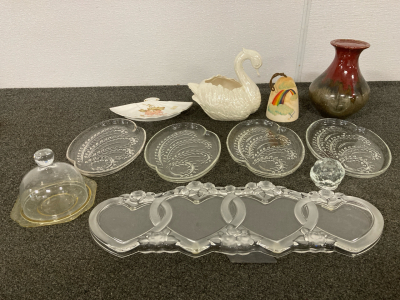 Vintage Foliage Glass Snack Trays- Set Of 4; Heart Desk Picture Frame; Vintage Federal Glass Candy Dish; Ceramic Swan; And More