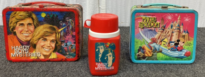 1979 Vintage Walt Disney Wonderful World/Magic Kingdom Aladdin Industries Metal Lunch Box, 1977 Hardy Boys Mysteries Vintage Aladdin Industries Metal Lunch Box W/ Matching Thermos Mug