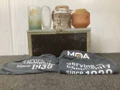 (1) Metal Storage Container (3) T-Shirts (4)Decorative Glass Jars