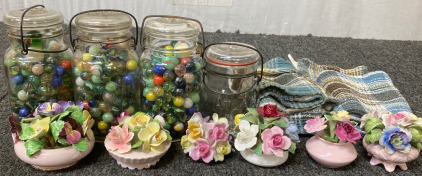 (4) Sealed Tight Jars With Marbles (4)Small Kitchen Cloth (6) Decorative Flowers