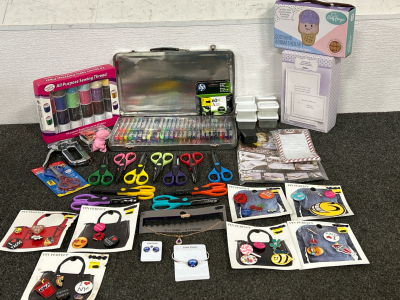 Assorted Crafting Supplies Including Gel Pens, Thread, Pins & Patches, Blank Invitation Kit, Edging Scissors & More