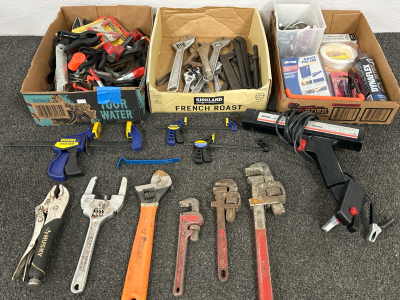 (3) Flats Of Hand Tools Includiny Crescent Wrenches, Pipe Wrenches, Clamps, Timing Lights Vise Grips & More