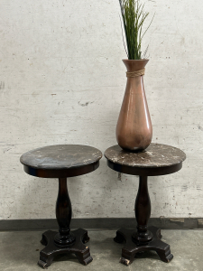 (2) Round Side Tables With Marble Tops & Wood Base Plus (1) Faux Grass Plant in Tall Vase