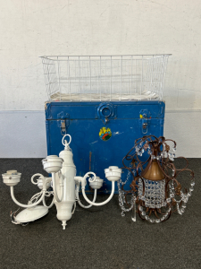 (2) Chandeliers/ Light Fixtures, Blue Storage Box And Fish Rack