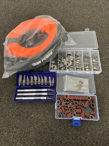 Iron Power Tow Strap, Hose Clamps, Exacto Knife Kit, And 55 Piece Dremel Sanding Drums