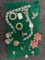 Costume Jewelry : Watch Bracelet Set, Pins, Tiger Eye Ring, Jade Ring, Charms, Earrings and Pieces of Lace, Tatting, Crochet. - 7