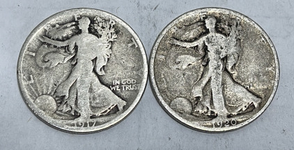 (2) Walking Liberty Half Dollars 90% Silver Dated 1917 And 1920