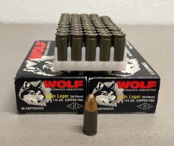 (100) Wolf 9mm Luger 115 Grain Copper FMJ Ammunition Cartridges
