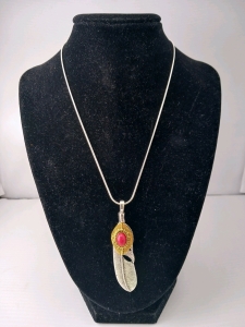 Tibetan Silver Feather W/Red Turquoise Inset & .925 Necklace