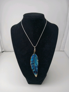 Golden Blue Metal Enameled Feather & .925 Necklace