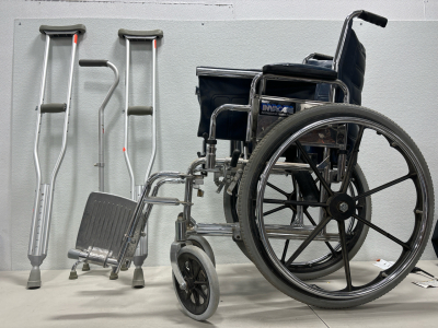 (1) Wheelchair (1) Pair of Crutches (1) Walking Cane