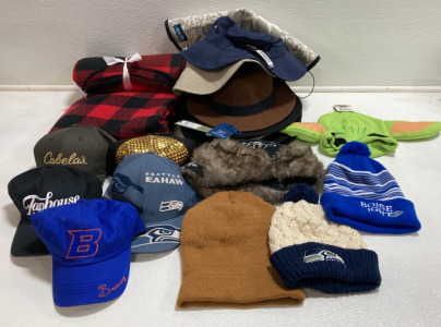Red Buffalo Plaid Poncho, Red Buffalo Plaid Blanket, (3) Outdoor/Sun Hats, (5) Felt Fedoras, (5) Ball Caps, (5) Beanies