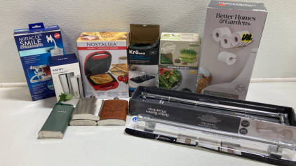 Mini Sandwich Press, Micro Greens Garden Kit, Toilet Paper Holder, Boston Drink Shaker Tins, (2) Towel Bars, (4) Flasks and more