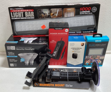 Rechargable Light Bar, Security Floodlight Bulbs, Power Inverter, Security Camera, 50 LED Video Light, Mammoth Windshield Phone Mount