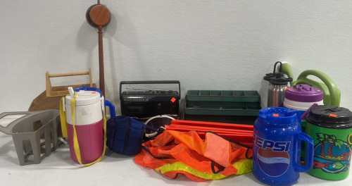 (1) Tackle Box (1) Sony Radio (8) Assorted Water Bottles And More!