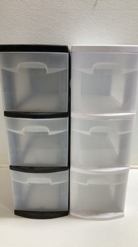 (2) 3-Drawer Plastic Storage: (1) Black, (1) White