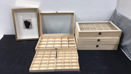 (4) Jewelry Display Cases 18&rdquo;w x 12&rdquo;d x 3&rdquo;h & (1) Shadow Box 12&rdquo; x 16&rdquo;