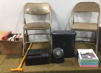 (2) Folding Metal Chairs, Paper Shredder & More