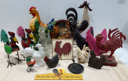 (1) Painted Metal Decor Plate, (1) Vintage Ceramic Multicolored Rooster & More Assorted Rooster Items