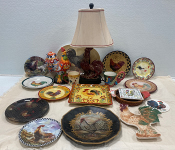 (1) Red & White Chicken Lamp (1) Multicolored Glazed Chicken Decor & Other Assorted Rooster Items